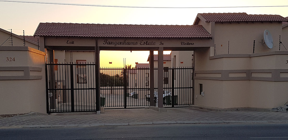 Tangenhamo Estates entrance gate at golden hour, Randburg.